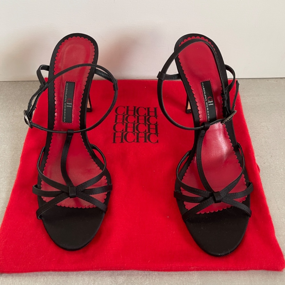 NEW” Carolina Herrera  Black Satin Sandals, Stiletto 3” heel, women, 39 - Picture 2 of 8